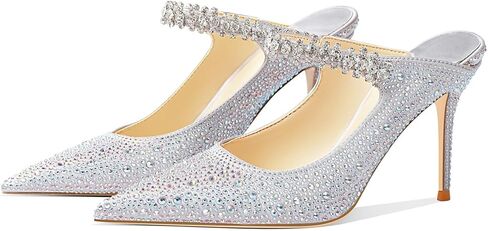 Women's Crystal Rhinestone Mules, Patent Leather Pointed Toe High Heels, 3.2 Inch Stiletto, Memory Foam Insole, Evening Party Wedding Shoes in Saudi Arabia