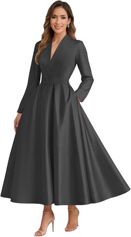 فساتين أم العروس من الساتان بأكمام طويلة للنساء، فساتين أم العريس بطول الشاي مع حزام جيوب in Kuwait