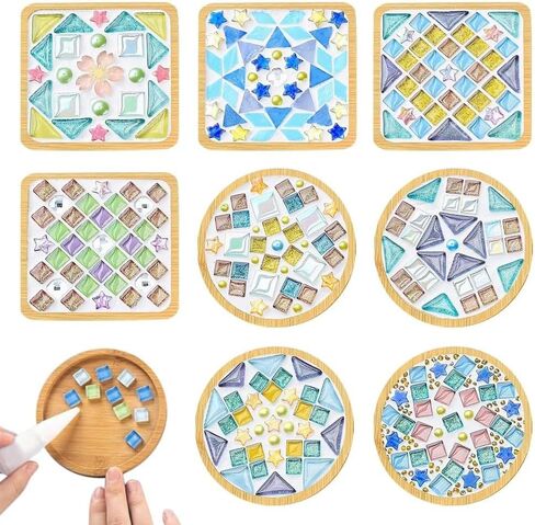 Ukontagood 8 Pack DIY Mosaic Tiles for Crafts, Mixed Color Mosaic Kits with Bamboo Coaster, DIY Coasters Kit for Coaster Handmade Home Gifts in Kuwait