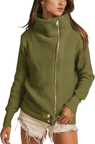 سترة نسائية كاجوال بسحاب وياقة مدورة مضلعة وغير متماثلة وحديثة ملابس خارجية باللون الأخضر الزيتوني in Kuwait