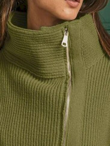 سترة نسائية كاجوال بسحاب وياقة مدورة مضلعة وغير متماثلة وحديثة ملابس خارجية باللون الأخضر الزيتوني in Kuwait