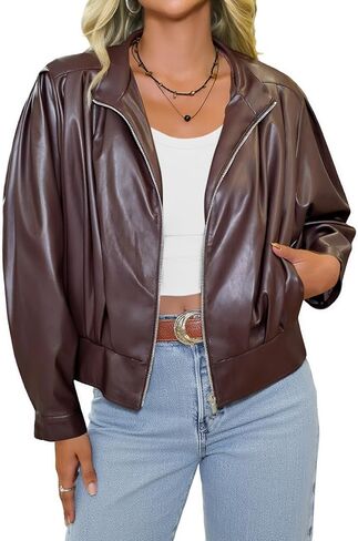 Yousify Womens Faux Leather Bomber Jackets Cropped Pleated Zip Up Moto Coats Trendy Casual Outerwear with Pockets in Saudi Arabia