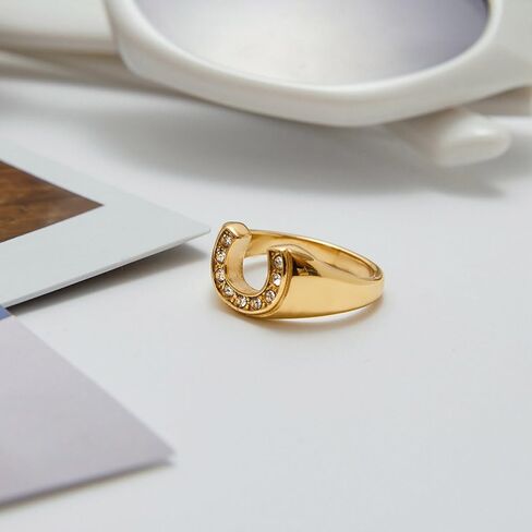 Dainty CZ Horseshoe Stacking Ring for Women Men Stainless Steel Gold-Tone Chunky Sparkly Crystal U-Shaped Statement Knuckle Middle Tail Thumb Finger Band Rings Comfort Fit Trendy Jewelry Size 6/7/8 in Saudi Arabia