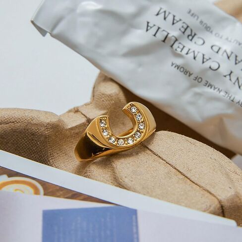 Dainty CZ Horseshoe Stacking Ring for Women Men Stainless Steel Gold-Tone Chunky Sparkly Crystal U-Shaped Statement Knuckle Middle Tail Thumb Finger Band Rings Comfort Fit Trendy Jewelry Size 6/7/8 in Saudi Arabia