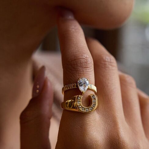 Dainty CZ Horseshoe Stacking Ring for Women Men Stainless Steel Gold-Tone Chunky Sparkly Crystal U-Shaped Statement Knuckle Middle Tail Thumb Finger Band Rings Comfort Fit Trendy Jewelry Size 6/7/8 in Saudi Arabia