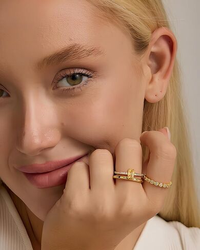 YeGieonr Birthstone Stackable Rings for Women Dainty Gold Rings with Baguette Cubic Zirconia, Non Tarnish Thin Band Ring, 14k Gold Plated Pinky Rings Jewelry Gift in Saudi Arabia