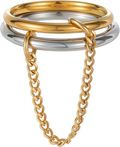 Two Tone Stackable Rings for Women Non Tarnish Gold Silver Stainless Steel Double Rings with Chain Dainty Link Stacking Statement Ring in Saudi Arabia