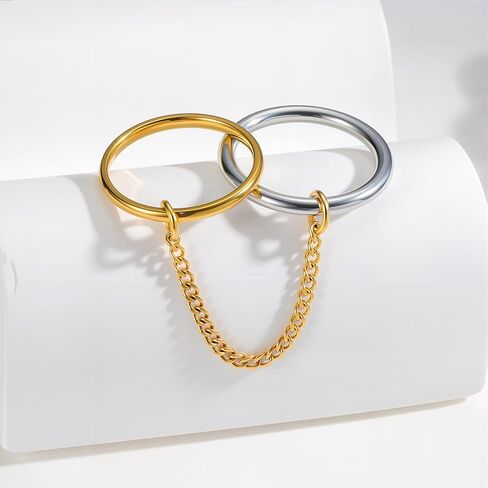 Two Tone Stackable Rings for Women Non Tarnish Gold Silver Stainless Steel Double Rings with Chain Dainty Link Stacking Statement Ring in Saudi Arabia