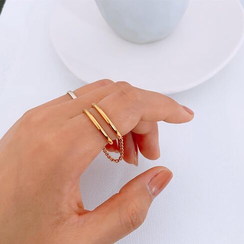 Two Tone Stackable Rings for Women Non Tarnish Gold Silver Stainless Steel Double Rings with Chain Dainty Link Stacking Statement Ring in Saudi Arabia