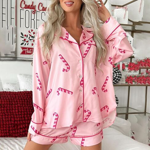 DSORVICD Women Holiday Christmas Pajama Set Long Sleeve Button Down Shirt and Shorts Silk Pj Set 2 Piece Xmas Jammies in Saudi Arabia