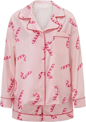 DSORVICD Women Holiday Christmas Pajama Set Long Sleeve Button Down Shirt and Shorts Silk Pj Set 2 Piece Xmas Jammies in Saudi Arabia