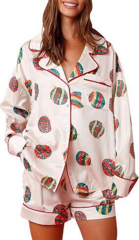DSORVICD Women Holiday Christmas Pajama Set Long Sleeve Button Down Shirt and Shorts Silk Pj Set 2 Piece Xmas Jammies in Saudi Arabia