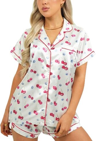 DSORVICD Women Holiday Christmas Pajama Set Long Sleeve Button Down Shirt and Shorts Silk Pj Set 2 Piece Xmas Jammies in Saudi Arabia