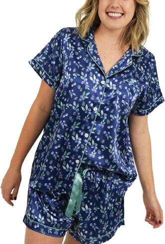 DSORVICD Women Holiday Christmas Pajama Set Long Sleeve Button Down Shirt and Shorts Silk Pj Set 2 Piece Xmas Jammies in Saudi Arabia
