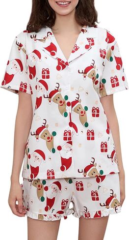 DSORVICD Women Holiday Christmas Pajama Set Long Sleeve Button Down Shirt and Shorts Silk Pj Set 2 Piece Xmas Jammies in Saudi Arabia