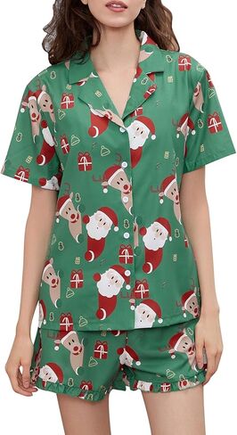 DSORVICD Women Holiday Christmas Pajama Set Long Sleeve Button Down Shirt and Shorts Silk Pj Set 2 Piece Xmas Jammies in Saudi Arabia