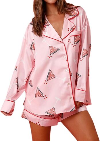 DSORVICD Women Holiday Christmas Pajama Set Long Sleeve Button Down Shirt and Shorts Silk Pj Set 2 Piece Xmas Jammies in Saudi Arabia