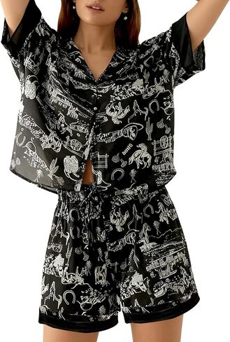 Yimoon Womens Satin Pajama Set Floral Silk Pajamas 2 Piece Short Sleeve Button Down Pjs Set Cuter Sleepwear in Saudi Arabia