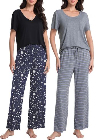 عبوتان: طقم بيجامة نسائي بأكمام قصيرة مع بنطال طويل، طقم بيجامة ناعم للسيدات in Kuwait