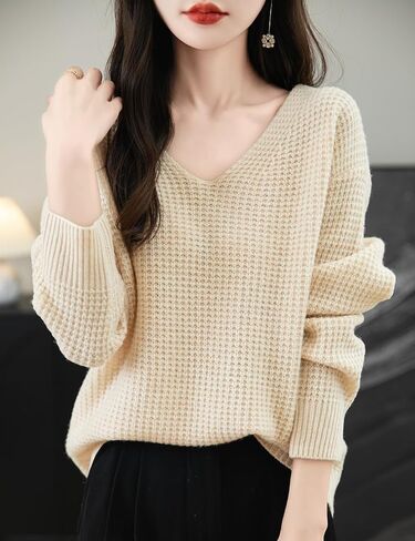 Chanyarn Women's 100% Merino Wool Sweater 2025 Fall Winter Casual V Neck Long Sleeve Waffles Knit Sweater Pullover in Saudi Arabia