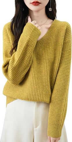 Chanyarn Women's 100% Merino Wool Sweater 2025 Fall Winter Casual V Neck Long Sleeve Waffles Knit Sweater Pullover in Saudi Arabia