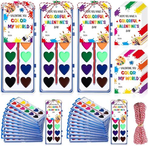 Sabary 24 Pack Valentine Watercolor Paint Sets 24 Valentine's Day Washable Watercolor Paints with 24 Gift Cards and 20 Meters Rope for Classroom Exchange Gifts Valentine Party Favors Art Activities in Kuwait