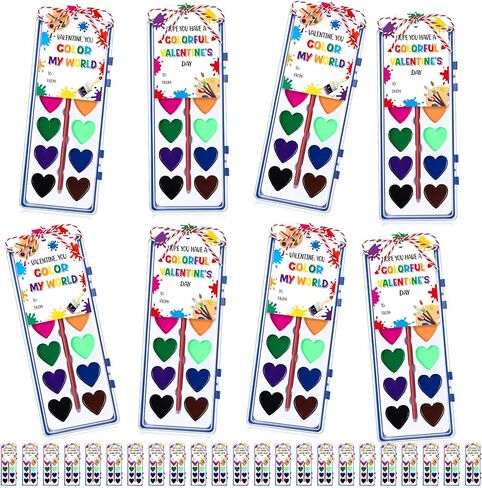Sabary 24 Pack Valentine Watercolor Paint Sets 24 Valentine's Day Washable Watercolor Paints with 24 Gift Cards and 20 Meters Rope for Classroom Exchange Gifts Valentine Party Favors Art Activities in Kuwait