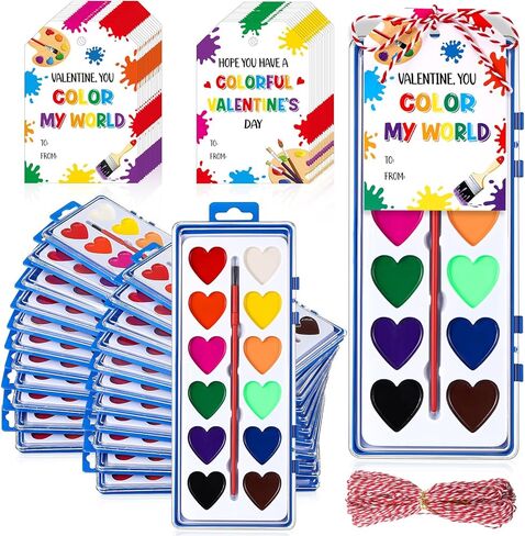 Sabary 24 Pack Valentine Watercolor Paint Sets 24 Valentine's Day Washable Watercolor Paints with 24 Gift Cards and 20 Meters Rope for Classroom Exchange Gifts Valentine Party Favors Art Activities in Kuwait