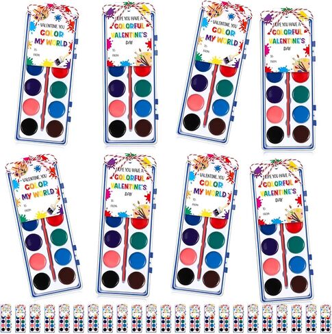 Sabary 24 Pack Valentine Watercolor Paint Sets 24 Valentine's Day Washable Watercolor Paints with 24 Gift Cards and 20 Meters Rope for Classroom Exchange Gifts Valentine Party Favors Art Activities in Kuwait