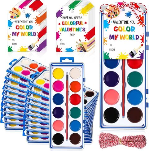 Sabary 24 Pack Valentine Watercolor Paint Sets 24 Valentine's Day Washable Watercolor Paints with 24 Gift Cards and 20 Meters Rope for Classroom Exchange Gifts Valentine Party Favors Art Activities in Kuwait