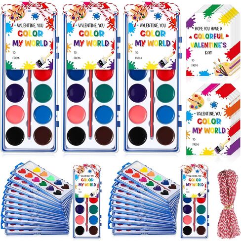 Sabary 24 Pack Valentine Watercolor Paint Sets 24 Valentine's Day Washable Watercolor Paints with 24 Gift Cards and 20 Meters Rope for Classroom Exchange Gifts Valentine Party Favors Art Activities in Kuwait