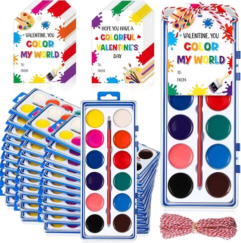 Sabary 24 Pack Valentine Watercolor Paint Sets 24 Valentine's Day Washable Watercolor Paints with 24 Gift Cards and 20 Meters Rope for Classroom Exchange Gifts Valentine Party Favors Art Activities in Kuwait