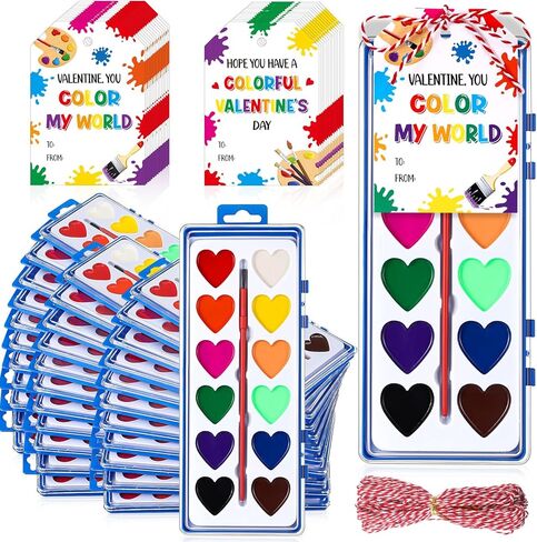Sabary 24 Pack Valentine Watercolor Paint Sets 24 Valentine's Day Washable Watercolor Paints with 24 Gift Cards and 20 Meters Rope for Classroom Exchange Gifts Valentine Party Favors Art Activities in Kuwait