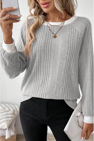 Women's Casual Long Sleeve Crewneck Pullover Top - Loose Fit Knitted Sweater Shirt for Fall Winter Fashion (Grey,X-Large) in Saudi Arabia