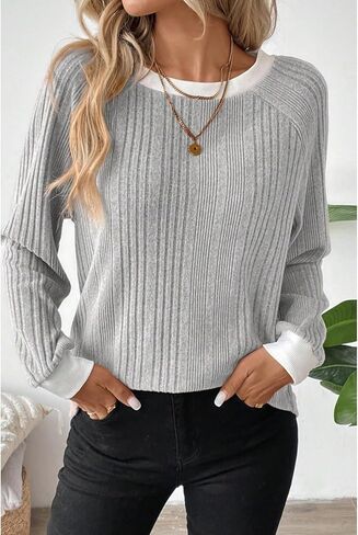 Women's Casual Long Sleeve Crewneck Pullover Top - Loose Fit Knitted Sweater Shirt for Fall Winter Fashion (Grey,X-Large) in Saudi Arabia