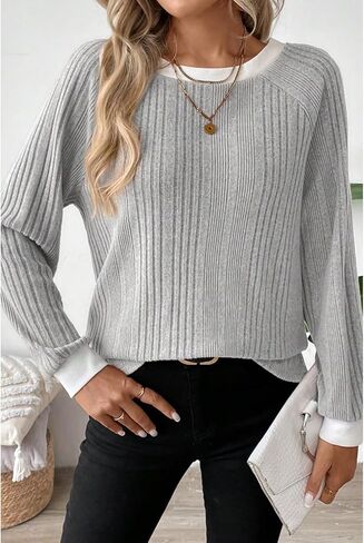Women's Casual Long Sleeve Crewneck Pullover Top - Loose Fit Knitted Sweater Shirt for Fall Winter Fashion (Grey,X-Large) in Saudi Arabia