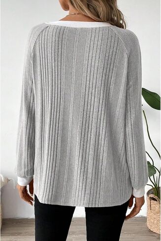 Women's Casual Long Sleeve Crewneck Pullover Top - Loose Fit Knitted Sweater Shirt for Fall Winter Fashion (Grey,X-Large) in Saudi Arabia