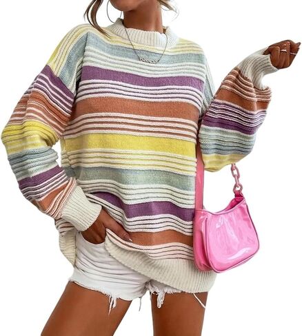 Womens Contrast Striped Pullover Sweaters Crewneck Long Sleeve Loose Colorblock Knit Jumper Casual Oversized Fall Tops in Saudi Arabia