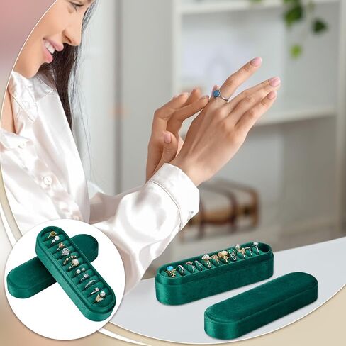 FINGERINSPIRE صندوق حلقات صغير متعدد الحلقات بلون أزرق مخضر منظم مجوهرات بيضاوي مقاس 7.13 × 2.2 × 2.24 بوصة مع بطانة مخملية ناعمة - حقيبة عرض للتخزين على شكل حلقات مدمجة للسفر والمنزل in Kuwait