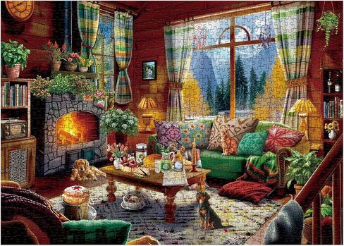 Winter Book Nook Puzzle 1000 Piece for Adult, Cozy Cabin Northern Lights Jigsaw Puzzle, Cat Animals Puzzles in Kuwait