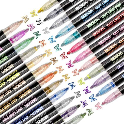 Doodle Markers Outline Glitter Pens 12 Pack, Easter Basket Stuffers, Shimmer Metallic Sparkle Set Teen Girl Gifts Trendy Cute Art Craft Drawing Supplies Kid Age 4 6 8 9 10 14 16 18 Year Old in Kuwait