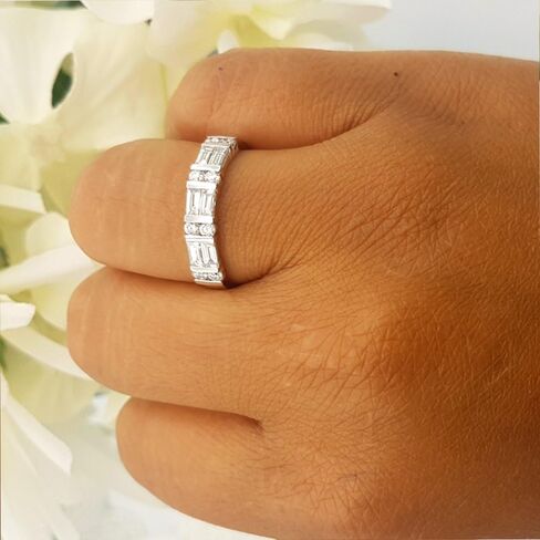 Dazzlingrock Collection 1.00 Cttw 14k Round & Baguette Diamond Womens Anniversary Wedding Ring Band, Solid White Gold in Saudi Arabia