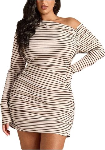 GORGLITTER Women's Plus Size Dresses Striped Off The Shoulder Rruched Long Sleeve Going Out Party Mini Dress in Saudi Arabia