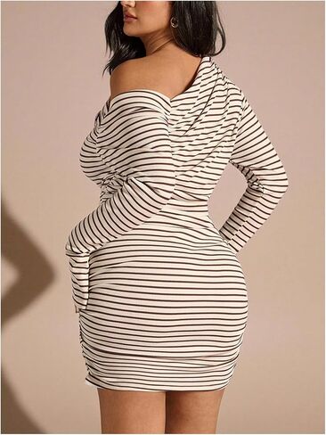 GORGLITTER Women's Plus Size Dresses Striped Off The Shoulder Rruched Long Sleeve Going Out Party Mini Dress in Saudi Arabia