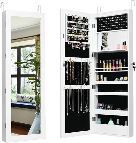 خزانة مجوهرات DORTAL مثبتة على الحائط، خزانة مجوهرات معلقة بباب قابل للقفل مع 12 مصباح LED، منظم مجوهرات مكياج موفر للمساحة، خزانة عرض مجوهرات مع مرآة تزيين كاملة الطول، أبيض in Kuwait