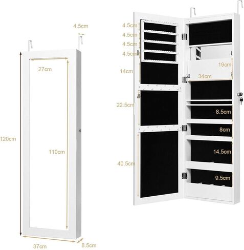 خزانة مجوهرات DORTAL مثبتة على الحائط، خزانة مجوهرات معلقة بباب قابل للقفل مع 12 مصباح LED، منظم مجوهرات مكياج موفر للمساحة، خزانة عرض مجوهرات مع مرآة تزيين كاملة الطول، أبيض in Kuwait