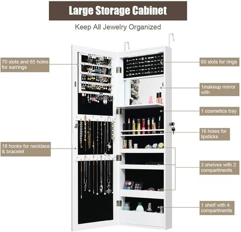 خزانة مجوهرات DORTAL مثبتة على الحائط، خزانة مجوهرات معلقة بباب قابل للقفل مع 12 مصباح LED، منظم مجوهرات مكياج موفر للمساحة، خزانة عرض مجوهرات مع مرآة تزيين كاملة الطول، أبيض in Kuwait