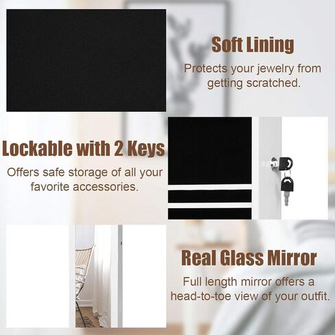 خزانة مجوهرات DORTAL مثبتة على الحائط، خزانة مجوهرات معلقة بباب قابل للقفل مع 12 مصباح LED، منظم مجوهرات مكياج موفر للمساحة، خزانة عرض مجوهرات مع مرآة تزيين كاملة الطول، أبيض in Kuwait