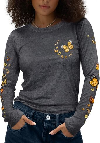 Flafens Long Sleeve Shirt for Women - Soft Crewneck Casual Graphic Fashion Clothes Tshirts Cute Outfits Vacation Tops in Saudi Arabia