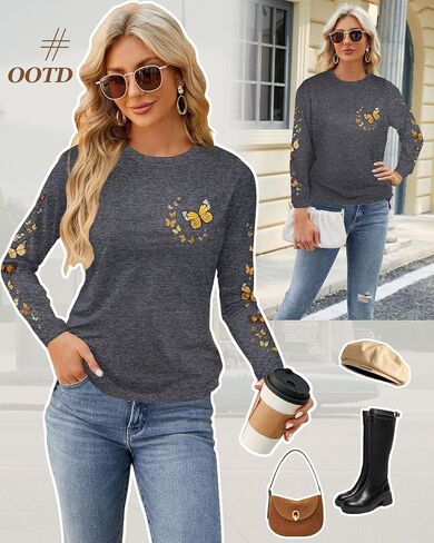 Flafens Long Sleeve Shirt for Women - Soft Crewneck Casual Graphic Fashion Clothes Tshirts Cute Outfits Vacation Tops in Saudi Arabia